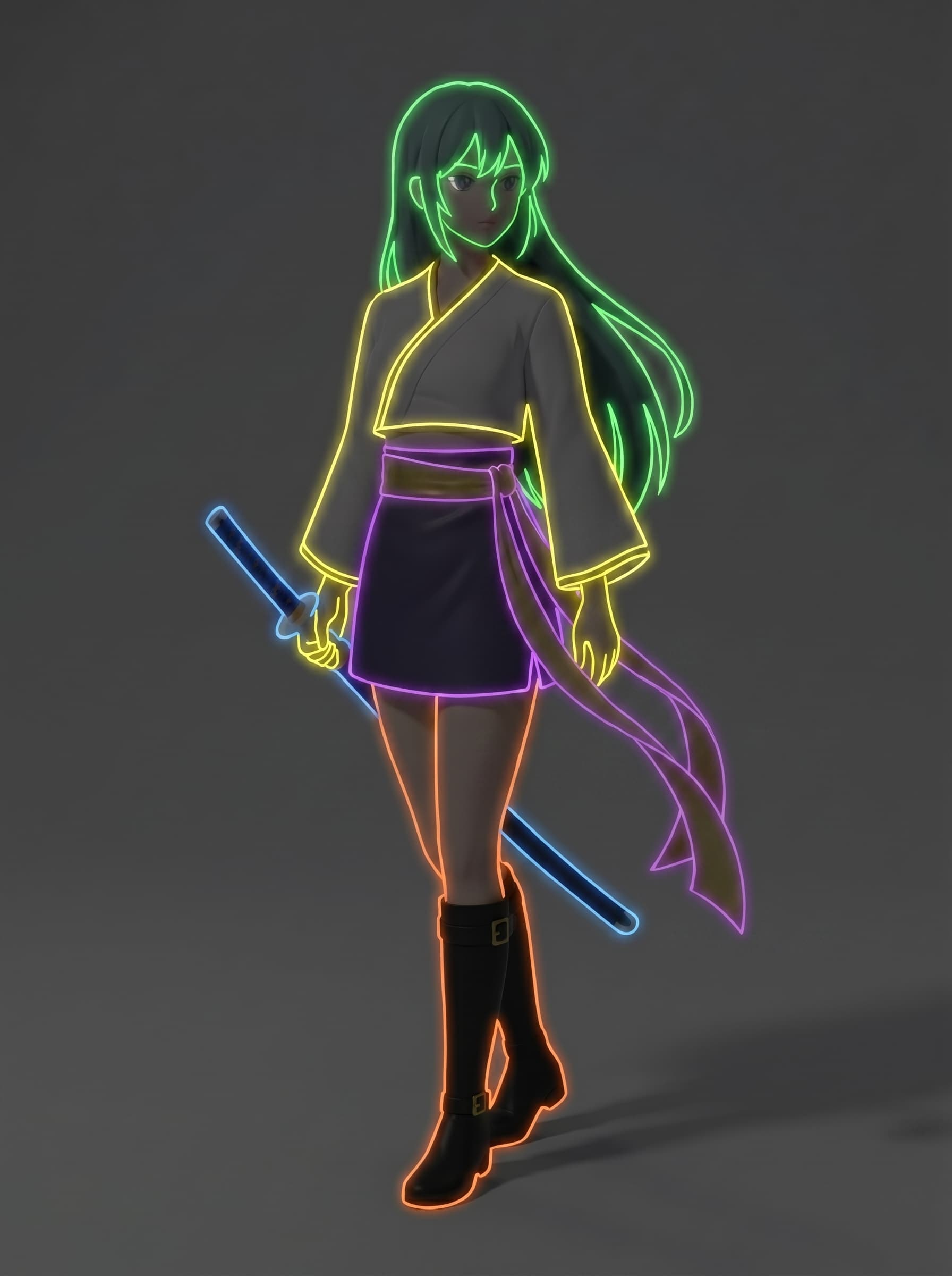 Figure decomposed into five chunks: head, top, skirt, katana, legs