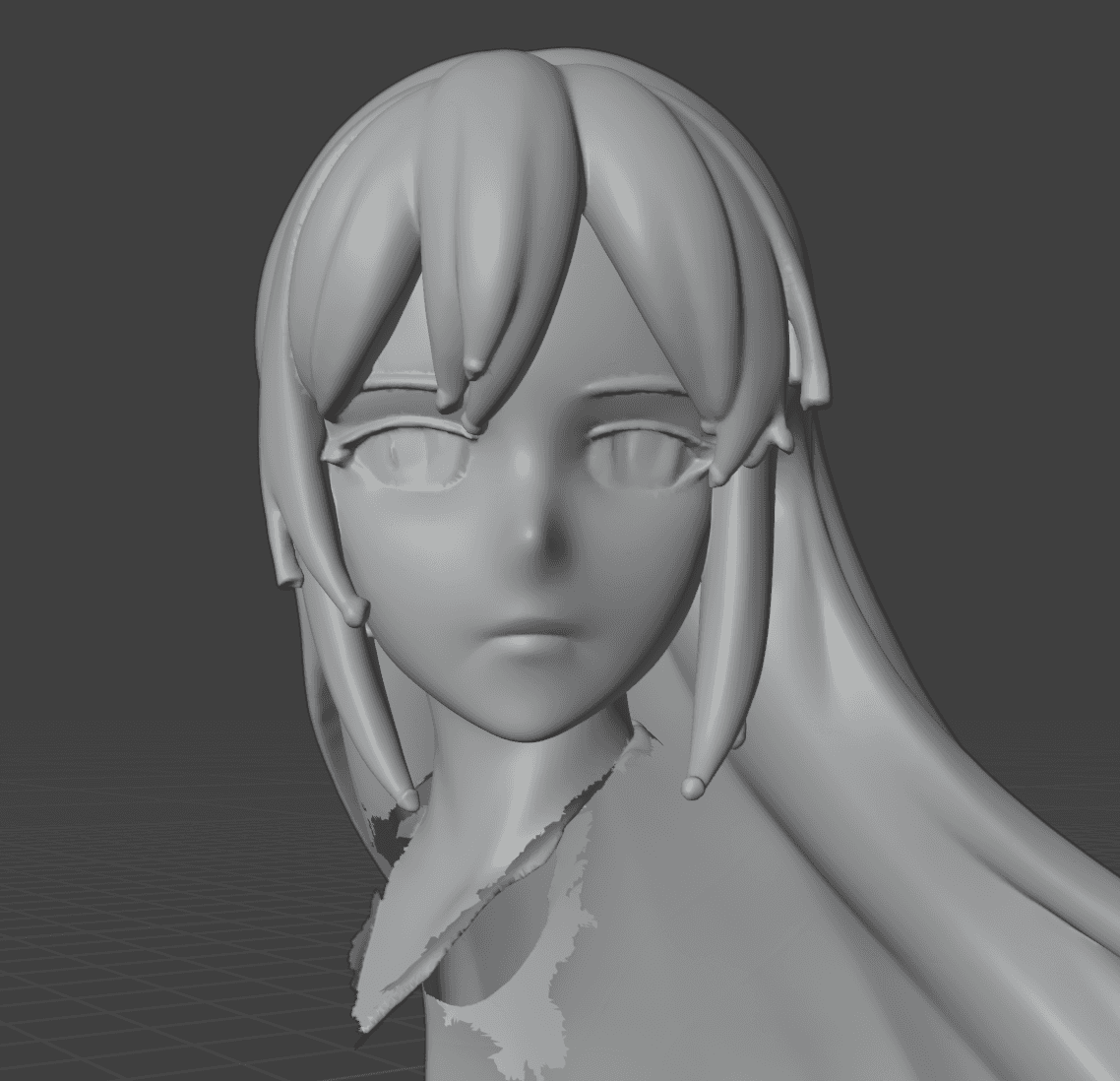 Head reconstructed by automatic parts mode — vacant eyes, mushy mouth, noodle-like hair strands