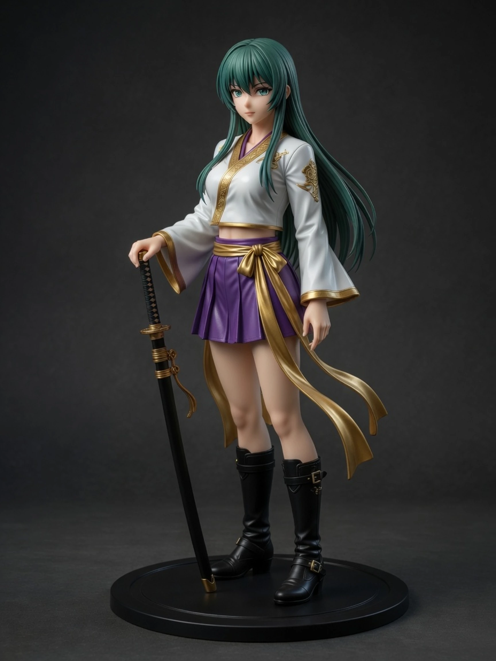 Collectible-grade 3D figure of a swordswoman, studio-lit on a display base